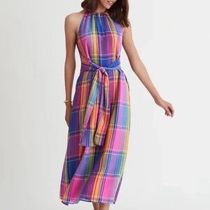 Ann Taylor Colorful Plaid Belted Halter Dress
